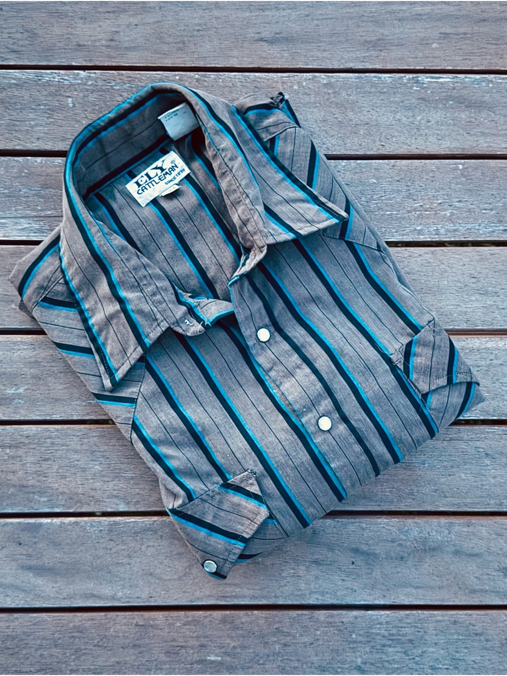 Ely Cattleman‎ Western Pearl Snap Shirt Mens 17.5 Gray Blue Stripe Cowboy